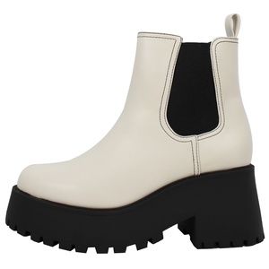 White Chelsea Pull On Chunky Platform Block Heel Ankle Bootie